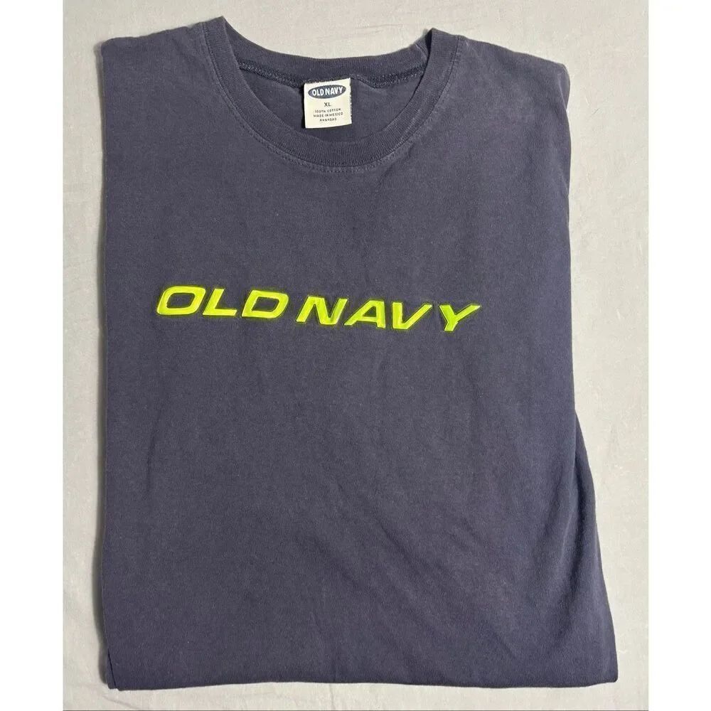 Y2K Old Navy Spell-out Neon Reflective T-Shirt Men’s Size XXL Blue Green Cotton